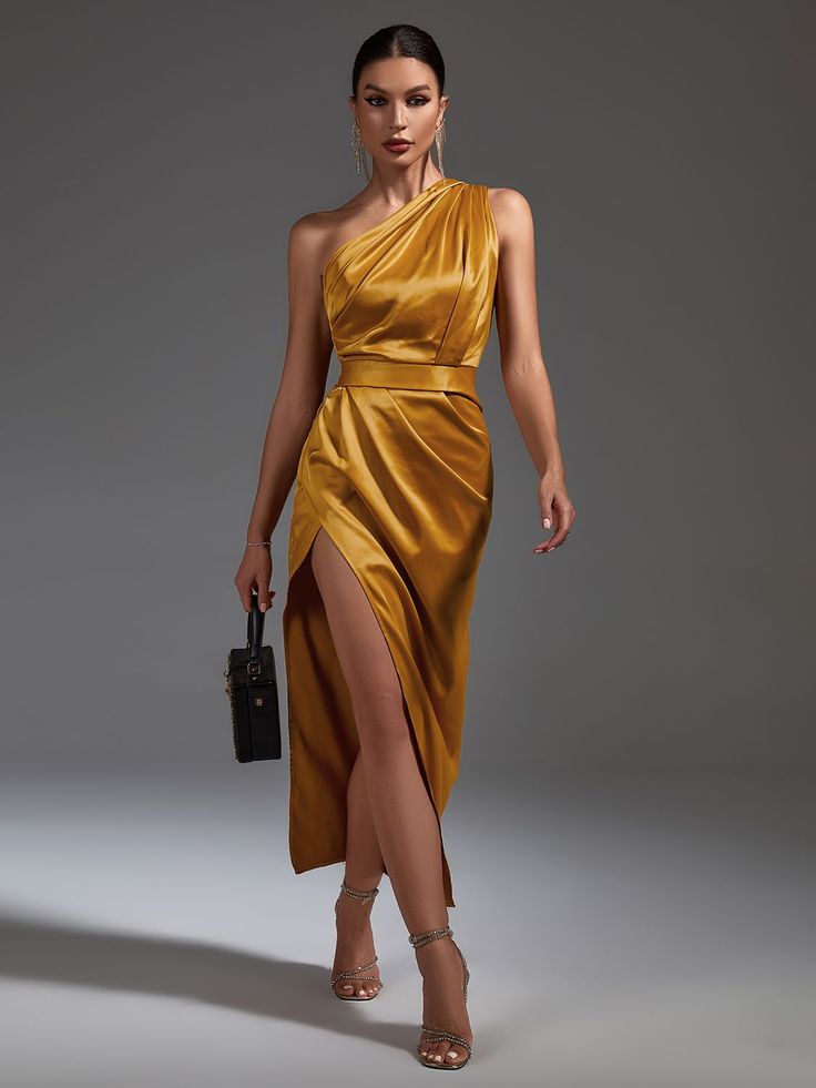 Golden Draped Midi Dress | Zalia Atelier | Chic Style Fashion Satin Ruched Dress, Mustard Outfits, Dresses Elegant Long, Draped Midi Dress, Modern Womens Fashion, Draped Midi Dresses, One Shoulder Midi Dress, Yellow Midi Dress, Satin Midi Dress