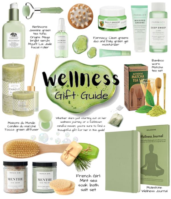 the contents of a gift guide for women with text overlaying it that says, wellnes