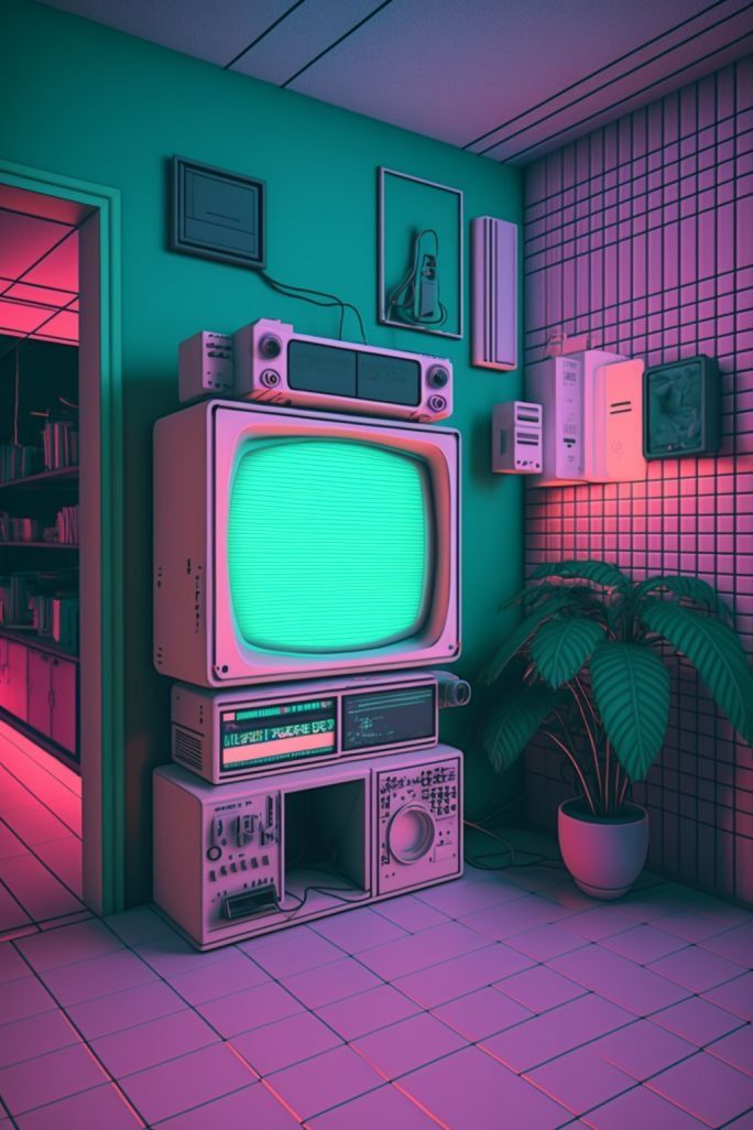 an old tv sitting on top of a shelf in a room with pink and green walls