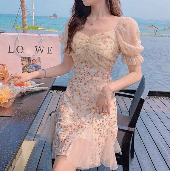 Cute French Floral Chiffon Dress Sexy Puff Sleeve Lace Mini | Etsy Korean Party Dress, Long Sleeve Mermaid Dress, Simple Long Dress, Floral Dress Outfits, Simple Frock Design, Elegant Summer Dresses, Picnic Dress, Floral Chiffon Dress, Elegant Dresses Classy