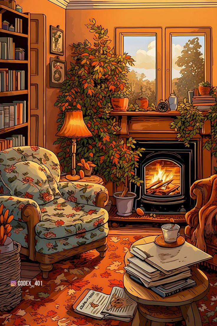 a living room filled with furniture and a fire place next to a book shelf full of books