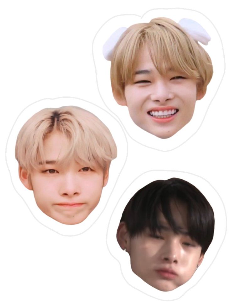 three stickers depicting the faces of young men with different facial expressions and hair styles