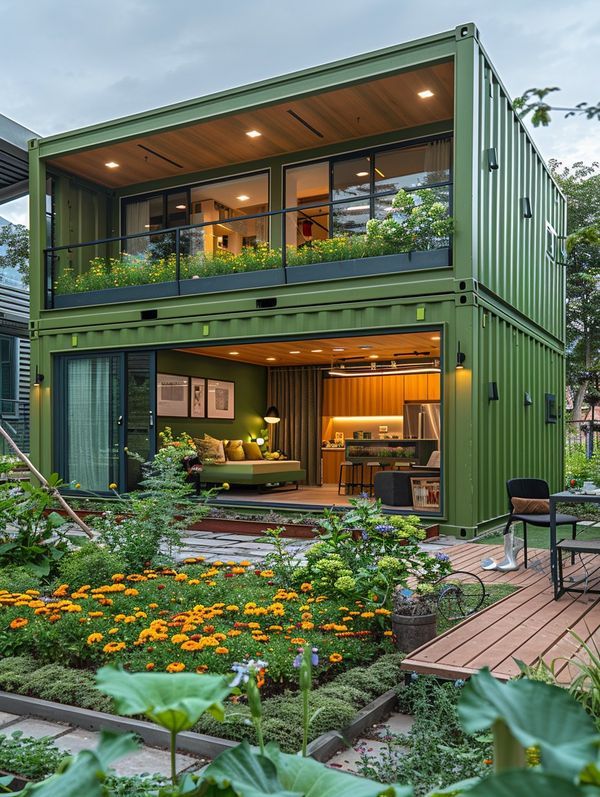 a green container home with lots of plants and flowers