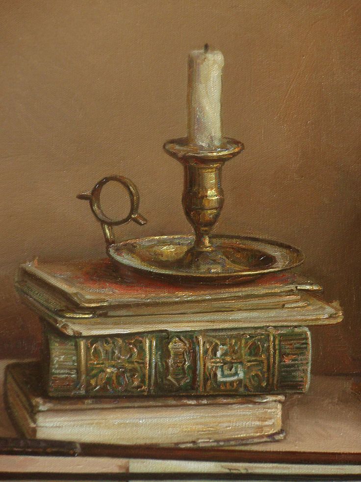 a painting of a candle on top of a book