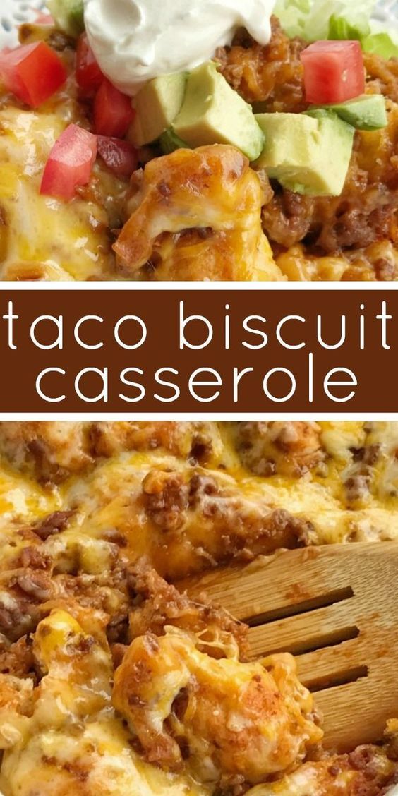 taco biscuit casserole in a white dish with a wooden spoon