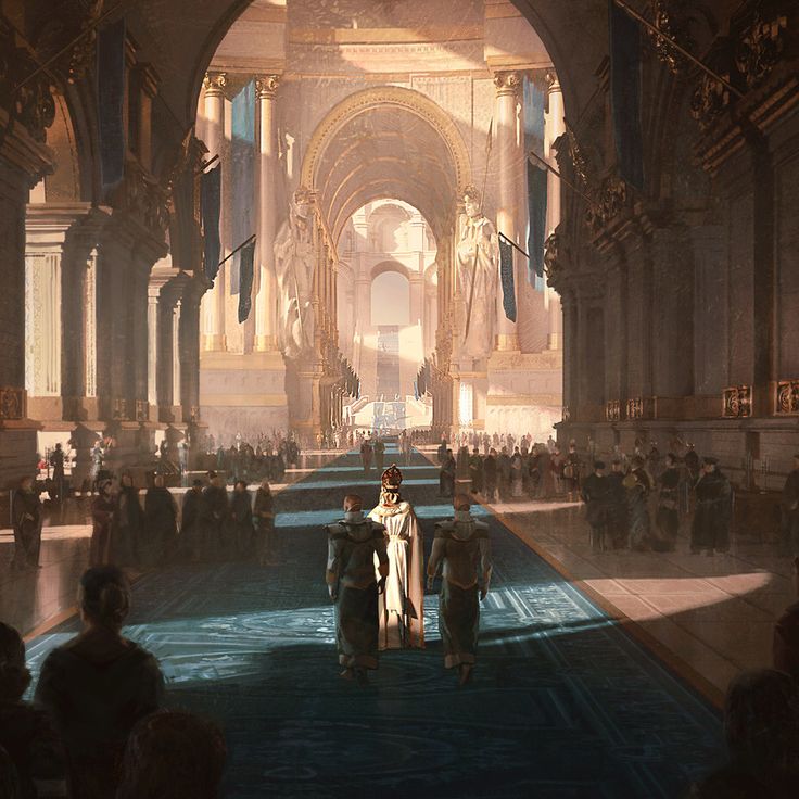 a scene from the lord of the rings, showing two men in armor walking through a hall