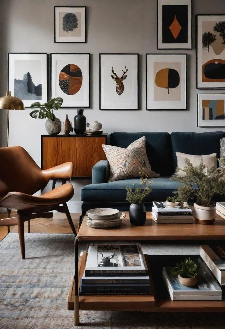 a living room filled with lots of furniture and pictures on the wall above it's coffee table