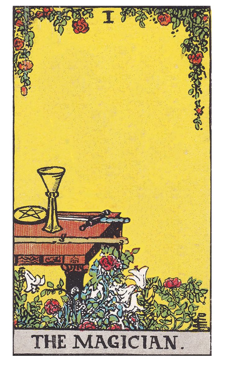 the magician tarot card is shown with flowers and plants around it, in front of a yellow background