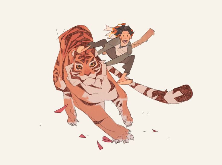 two people riding on the back of a tiger in front of a person with an orange and white striped tail