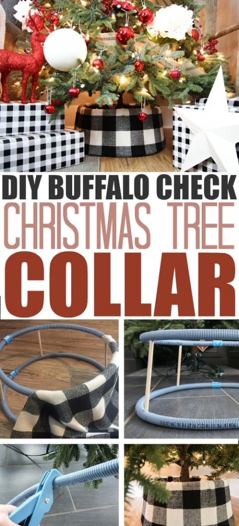 the diy buffalo check christmas tree collar is an easy project to make with fabric