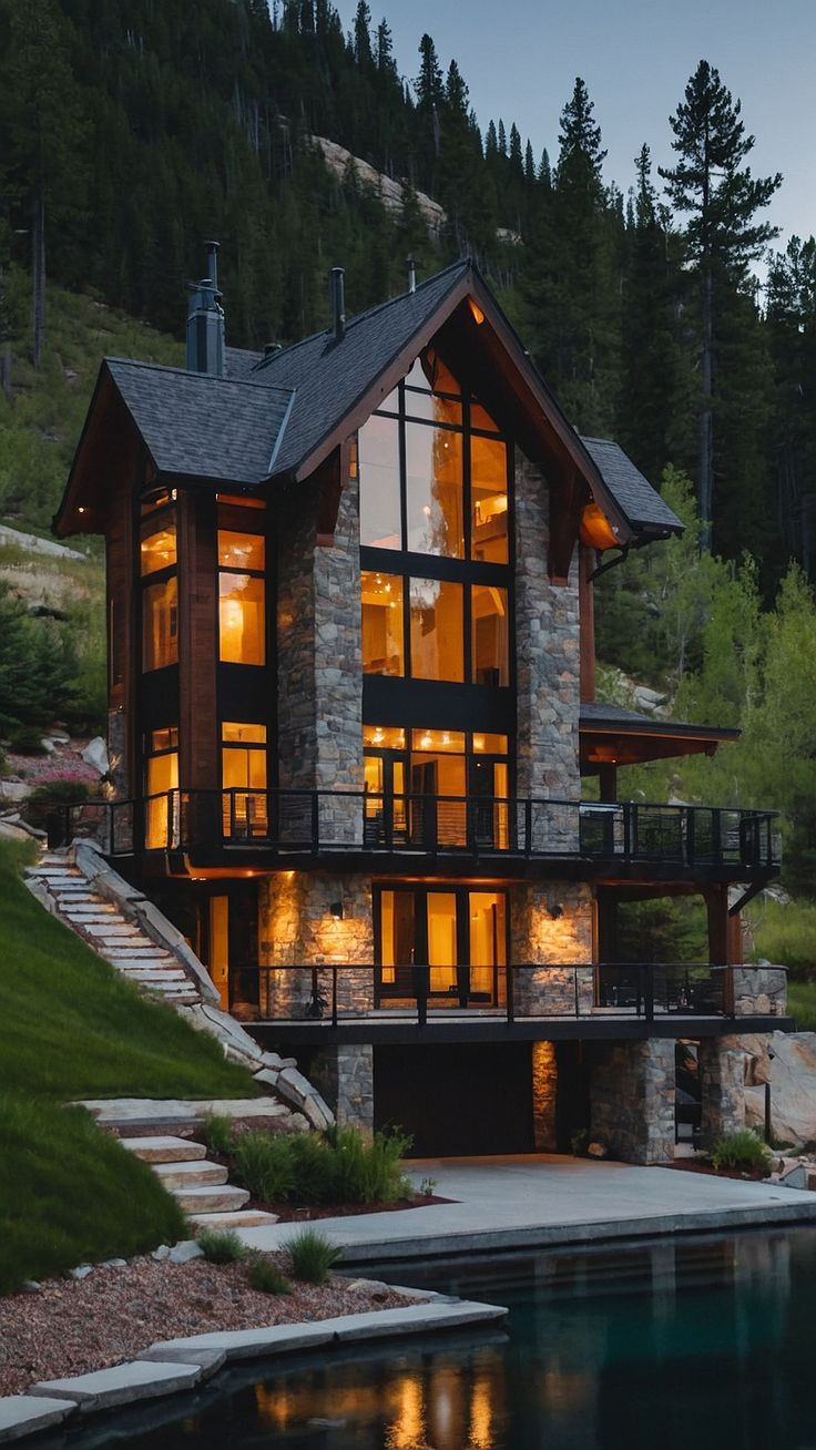 a large house with lots of windows next to a body of water and trees in the background