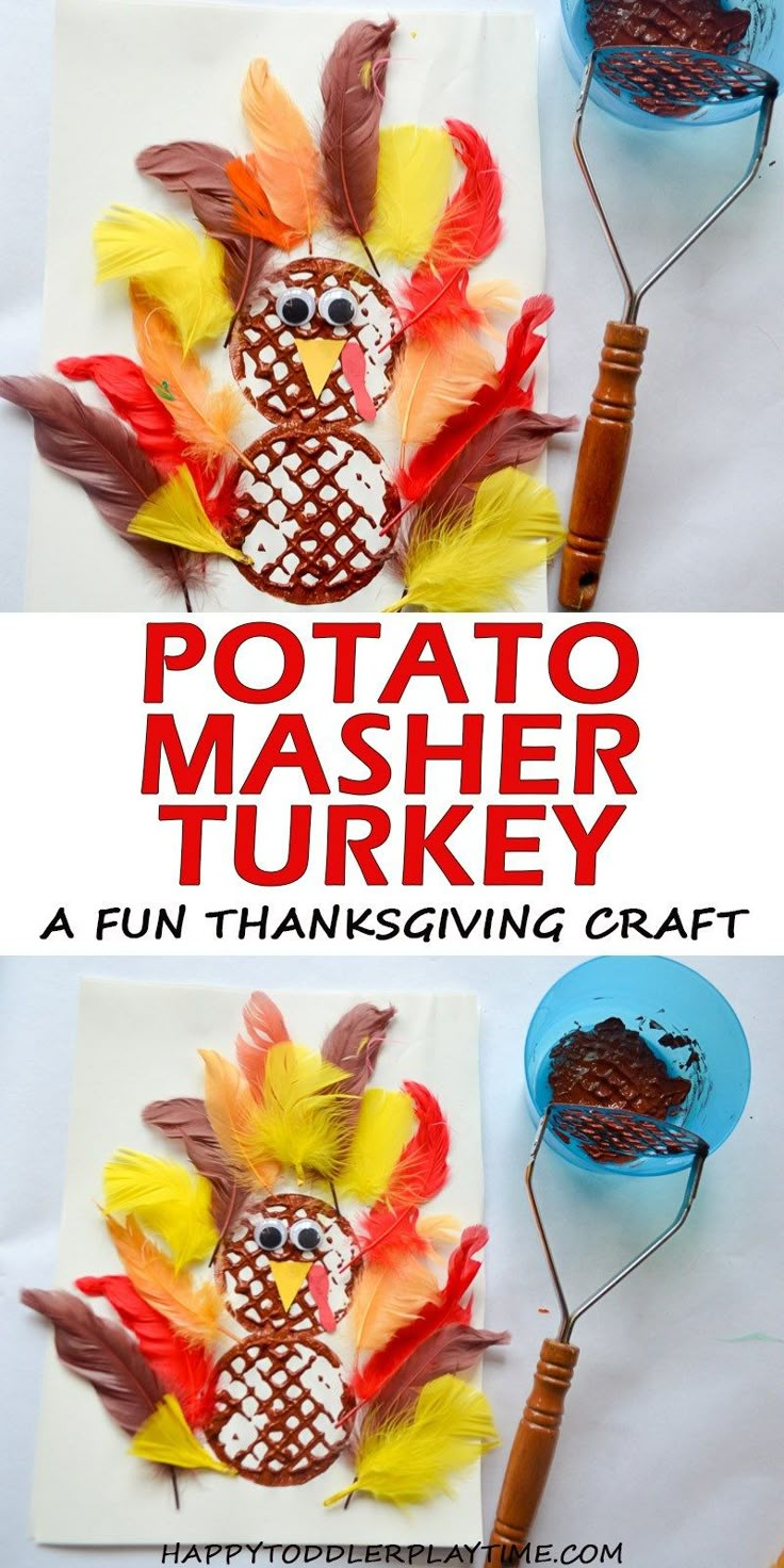 an easy thanksgiving craft for kids to make with potato masher turkey