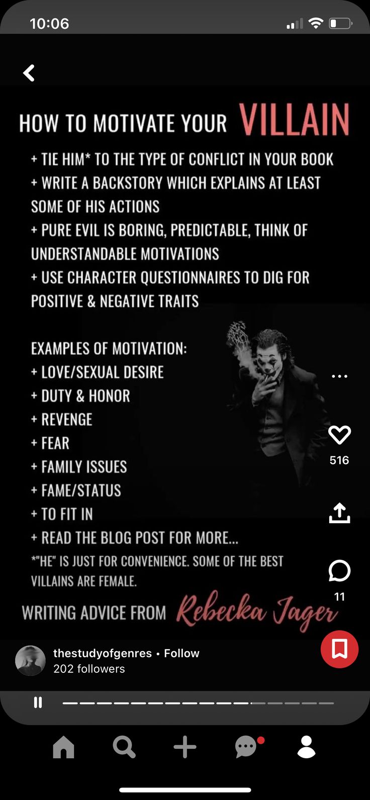 an iphone screen with the text how to motivve your villain