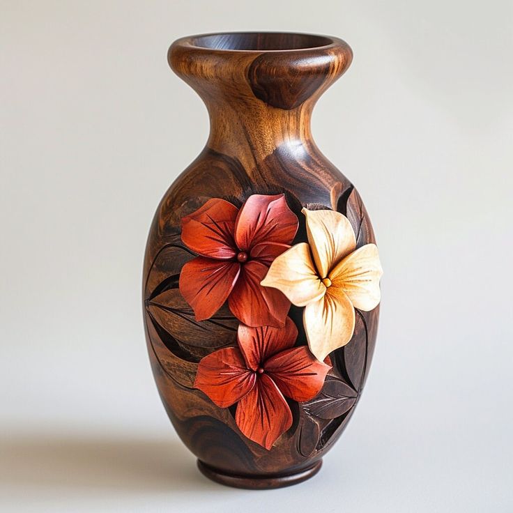 a wooden vase with flowers painted on the front and sides, sitting on a white surface