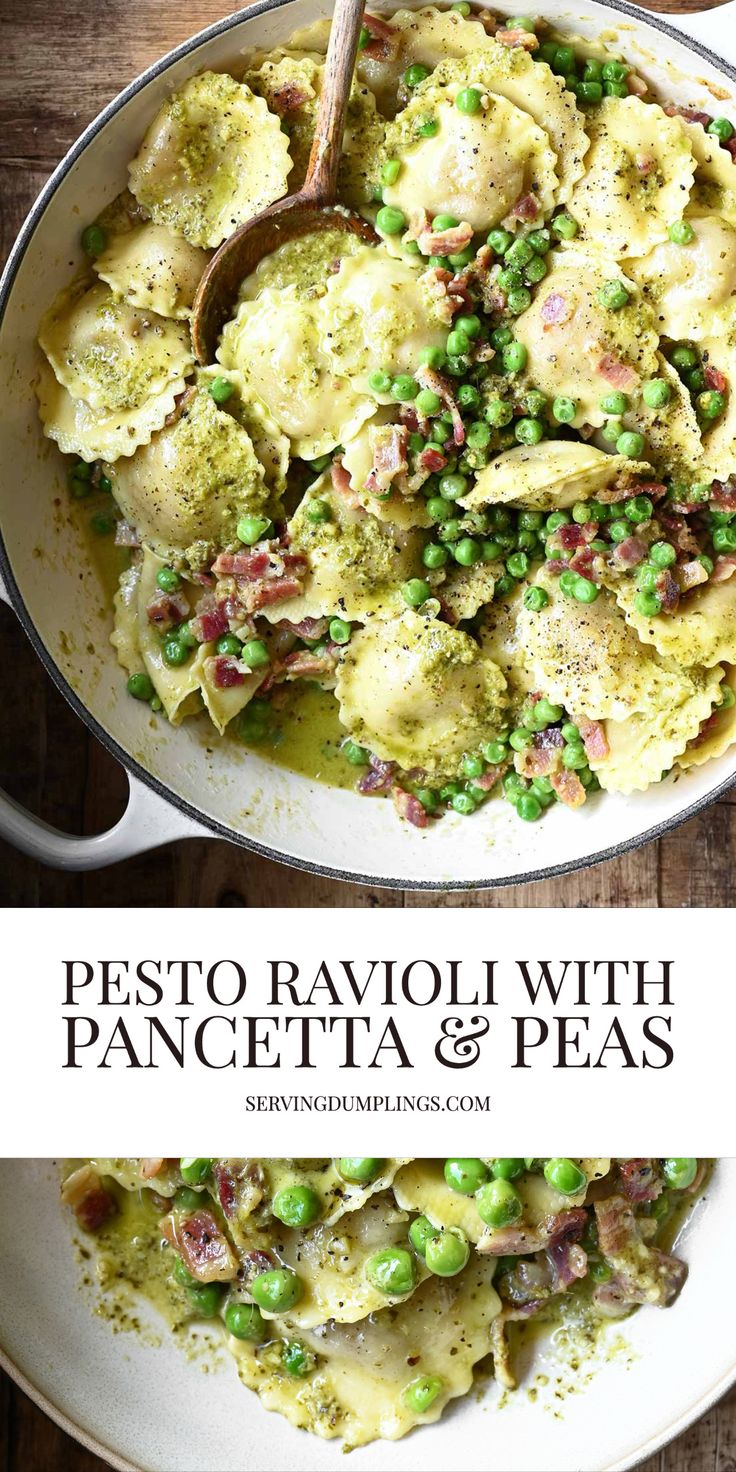 pesto ravioli with pancetta and peas in a skillet on a wooden table