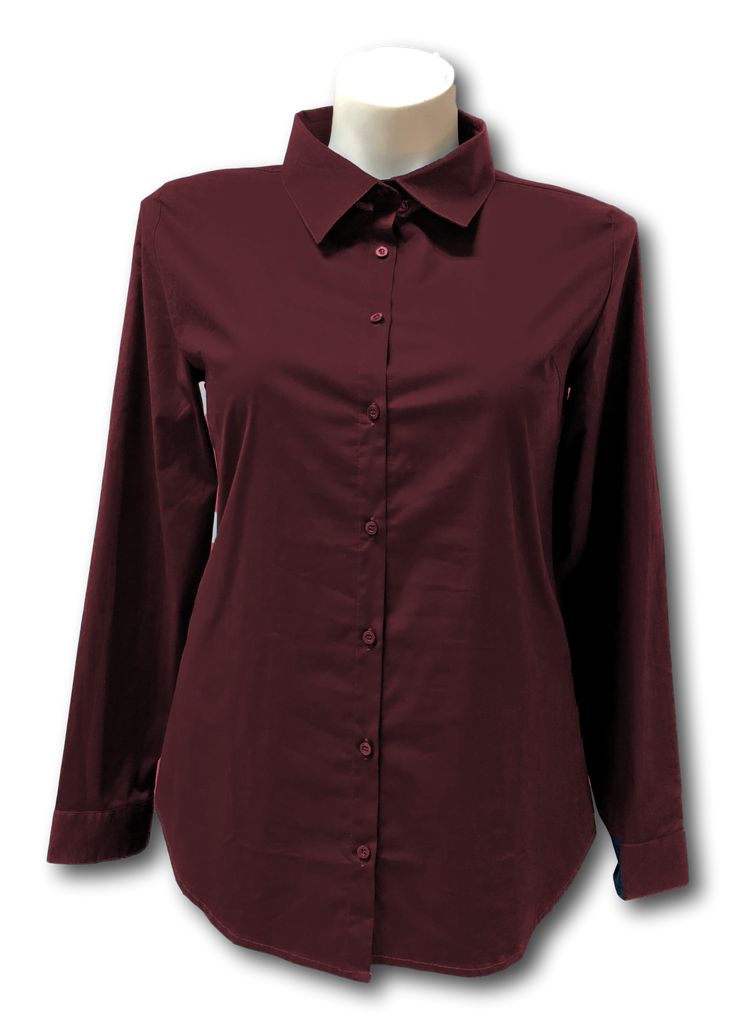 Fitted long sleeved shirt in woven stretch cotton fabric with a collar. Buttons down the front, with french darts allowing volume at the bust without pulling buttons apart. Gently rounded hem. Darted at the bust and down the princess seams in the back. Buttons on the cuff. Machine wash warm, hang dry Long Sleeve Stretch Blouse For Workwear, Stretch Long Sleeve Blouse For Work, Business Casual Stretch Long Sleeve Shirt, Stretch Long Sleeve Business Casual Shirt, Long Sleeve Stretch Shirt For Business Casual, Stretch Long Sleeve Shirt For Business Casual, Stretch Long Sleeve Blouse For Office Wear, Classic Long Sleeve Cotton Blouse, Business Casual Stretch Button-up Blouse