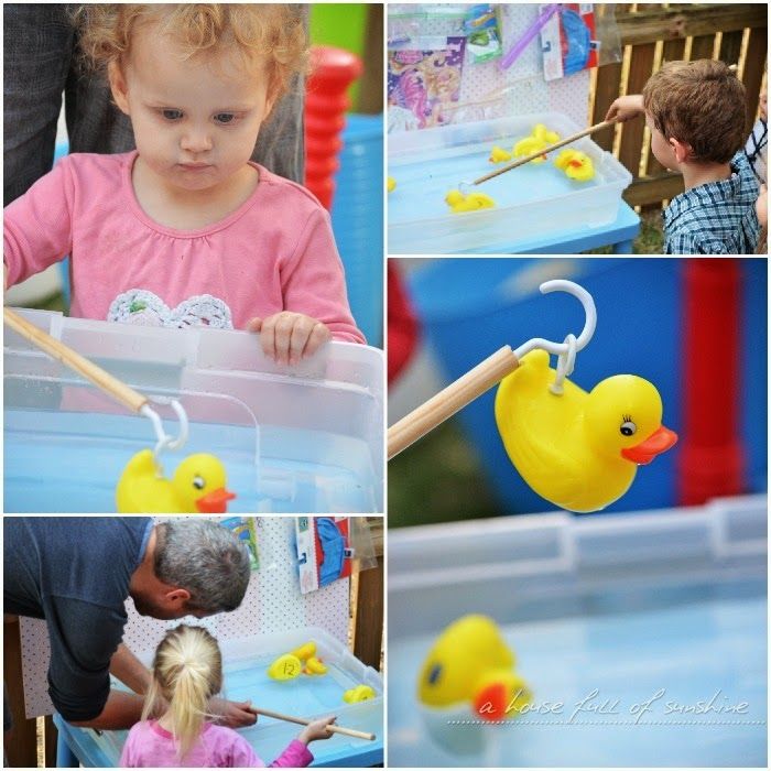 a collage of photos showing children playing with rubber ducky toys and other activities