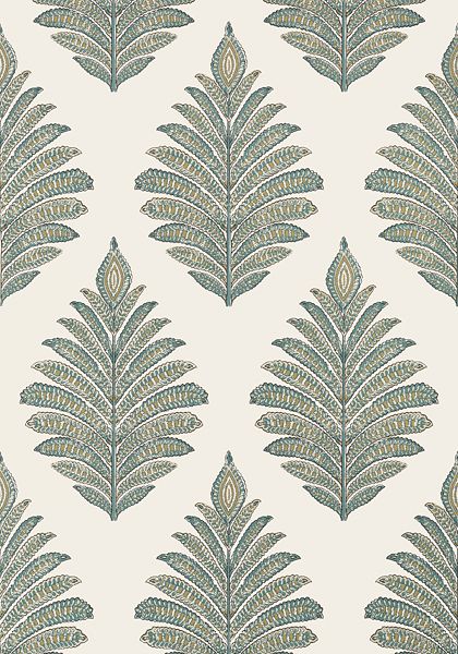 an intricately designed wallpaper with blue and green leaves