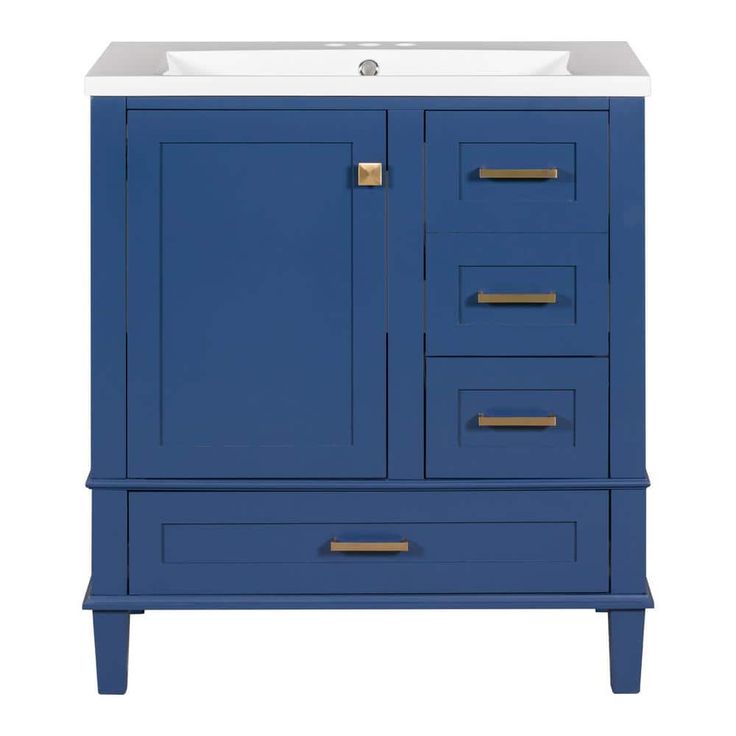 a blue bathroom vanity with two drawers and a white counter top in front of it