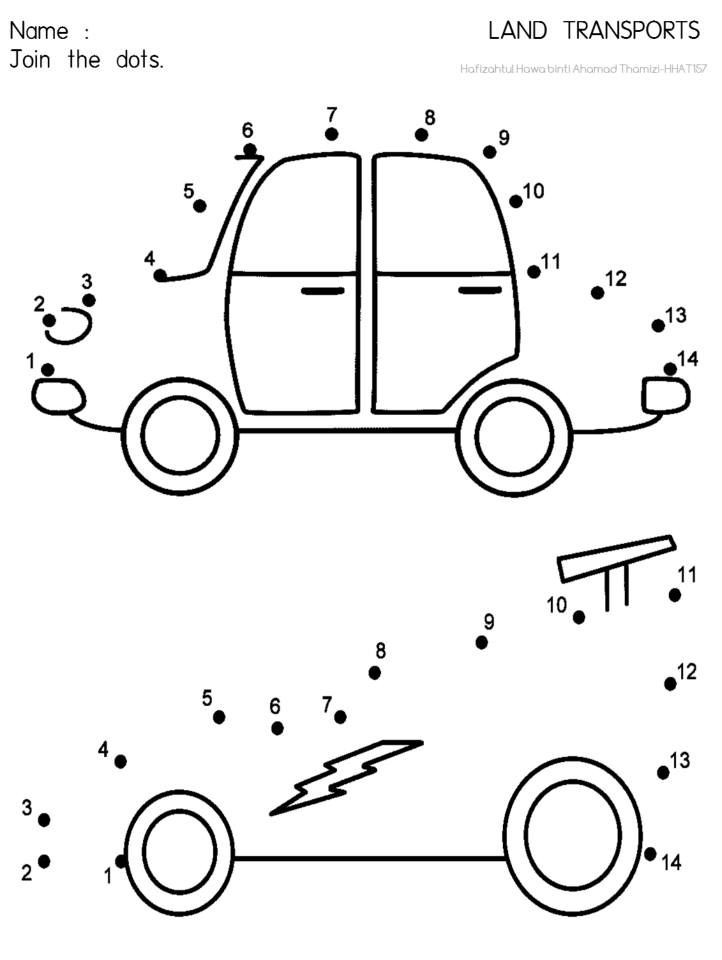 a car dot to dot game for kids with numbers and dots on the cars coloring pages