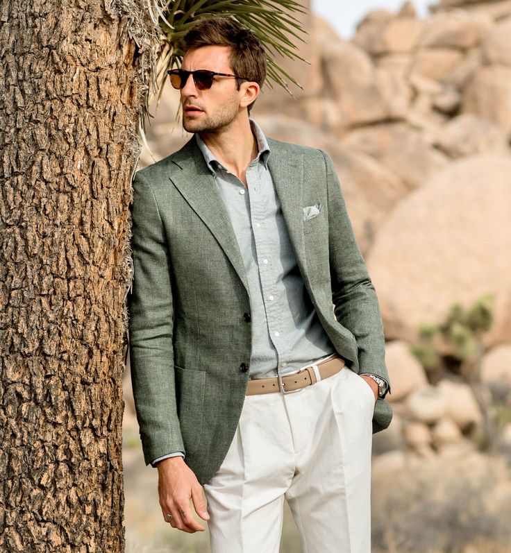 Thomas Mason Washed Sage Cotton and Linen Melange Oxford Men's Custom Green Blazer Outfit Men, Summer Groom, Linen Blazer Men, Casual Wedding Suit, Green Blazer Outfit, Cuba Wedding, Sport Coat Outfit, Green Sport Coat, Green Shirt Men