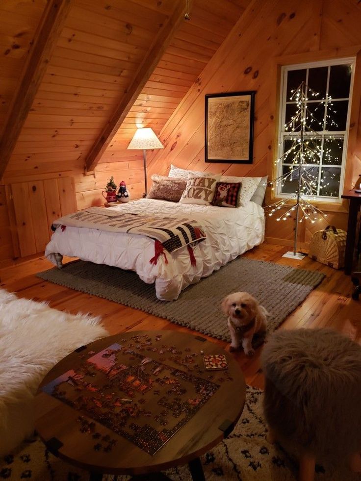 a bedroom with wood paneling and white fur rugs on the floor, along with two dogs