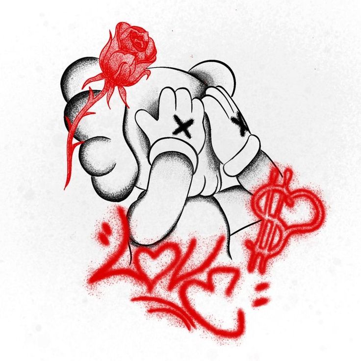 a drawing of a cartoon character with a rose on his head and the word $ 20 written in red spray paint