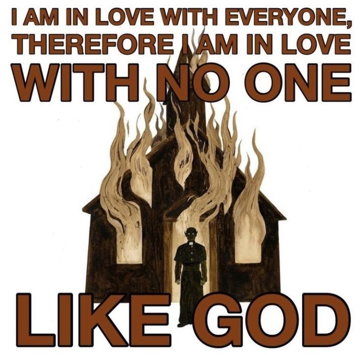 a man standing in front of a church with flames coming out of it and the words i am in love with everyone