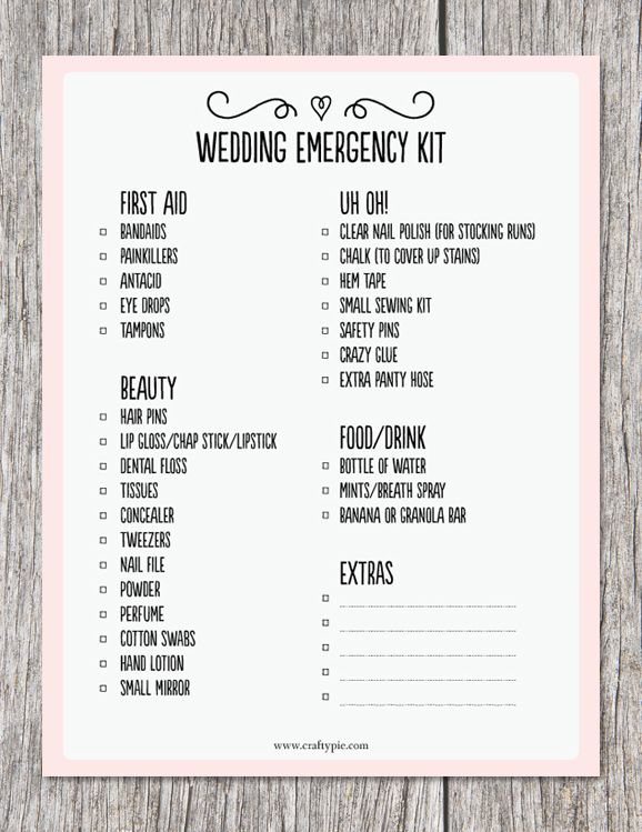 the wedding emergency kit on a wooden table