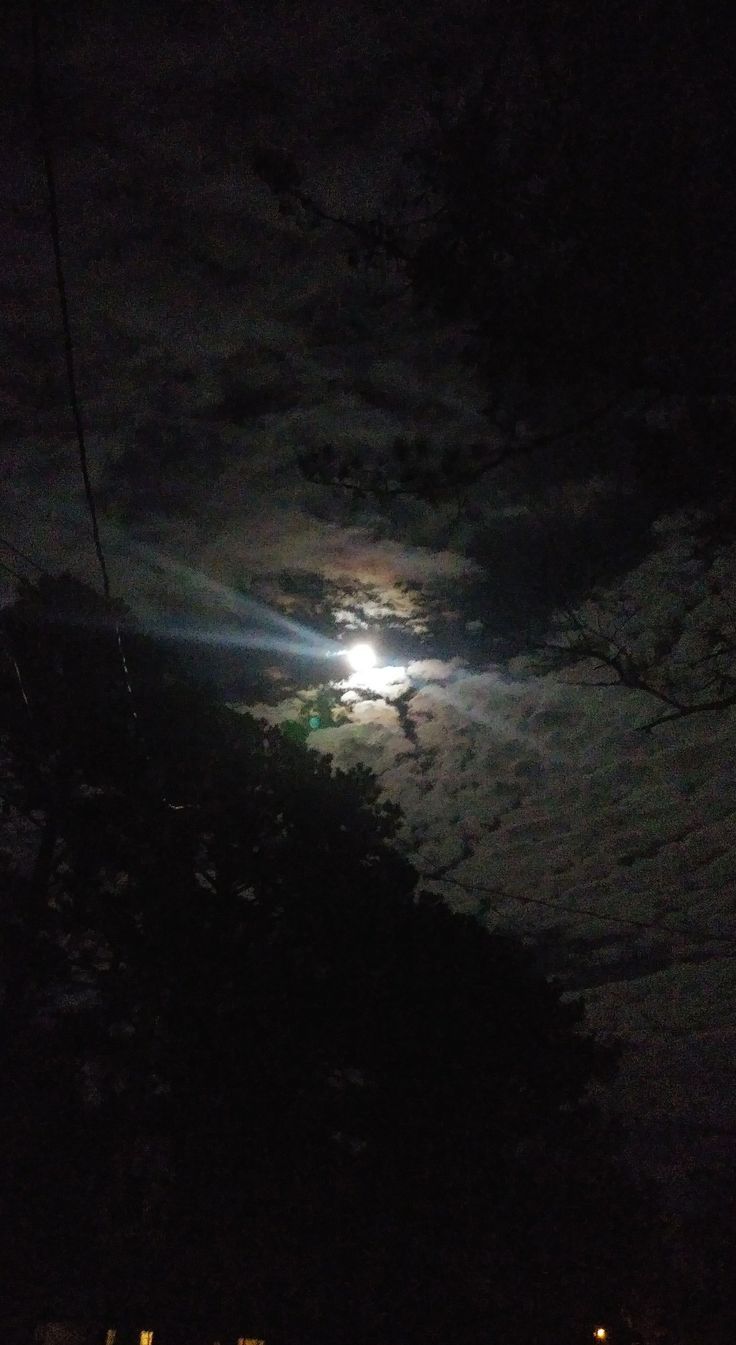 the full moon shines brightly in the night sky with clouds and trees around it