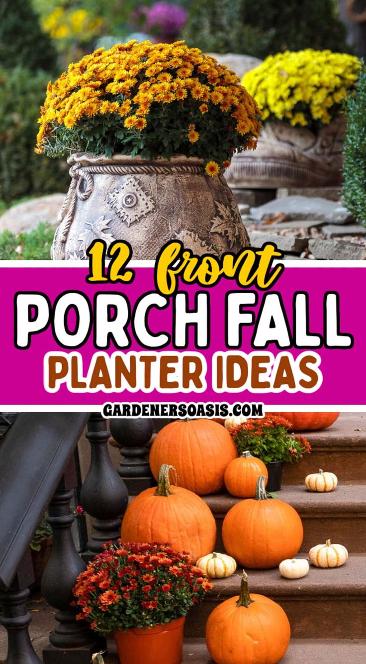 12 Front Porch Fall Planter Ideas | Outdoor Decorating Fall Front Door Decor Mums, Fall Containers Planters Shade, Mum Fall Porch, Late Fall Planters, Fall Mum Planters Front Porches, Fall Outdoor Planter Ideas With Pumpkins, Fall Outdoor Pumpkin Displays, Fall Outdoor Arrangements Front Porches, Fall Containers Planters With Mums