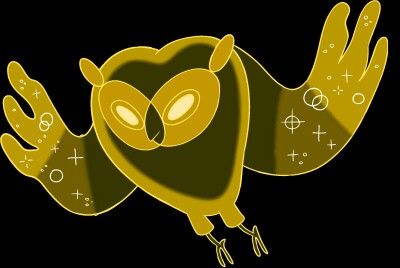 an owl flying through the air with its wings spread out and eyes wide open, on a black background