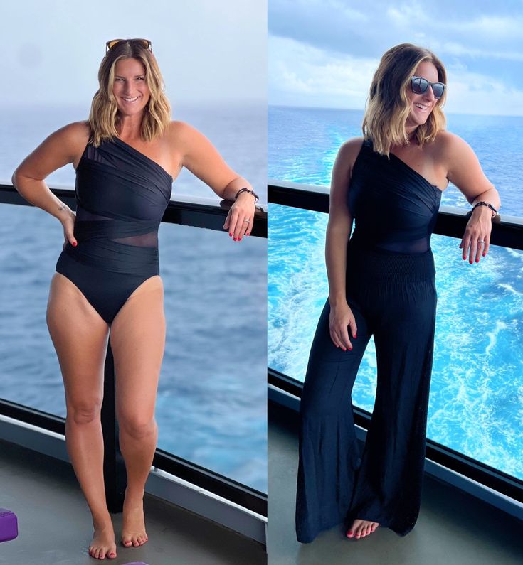 two women in swimsuits standing on the deck of a cruise ship and smiling