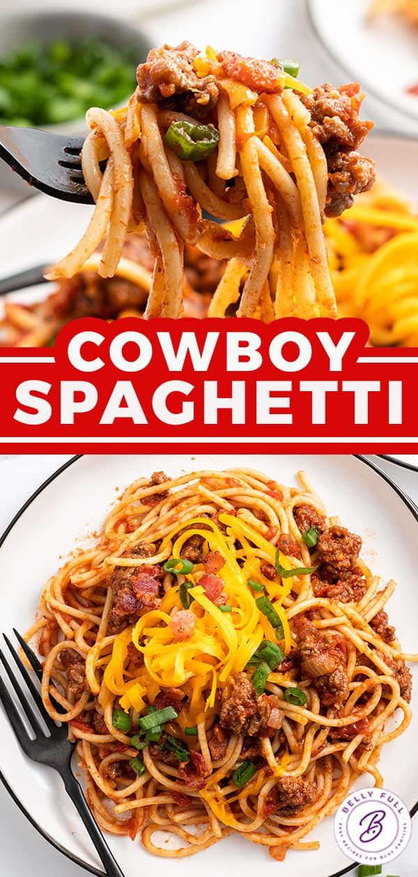 cowboy spaghetti on a plate with fork and spoon next to the caption that reads, cowboy spaghetti