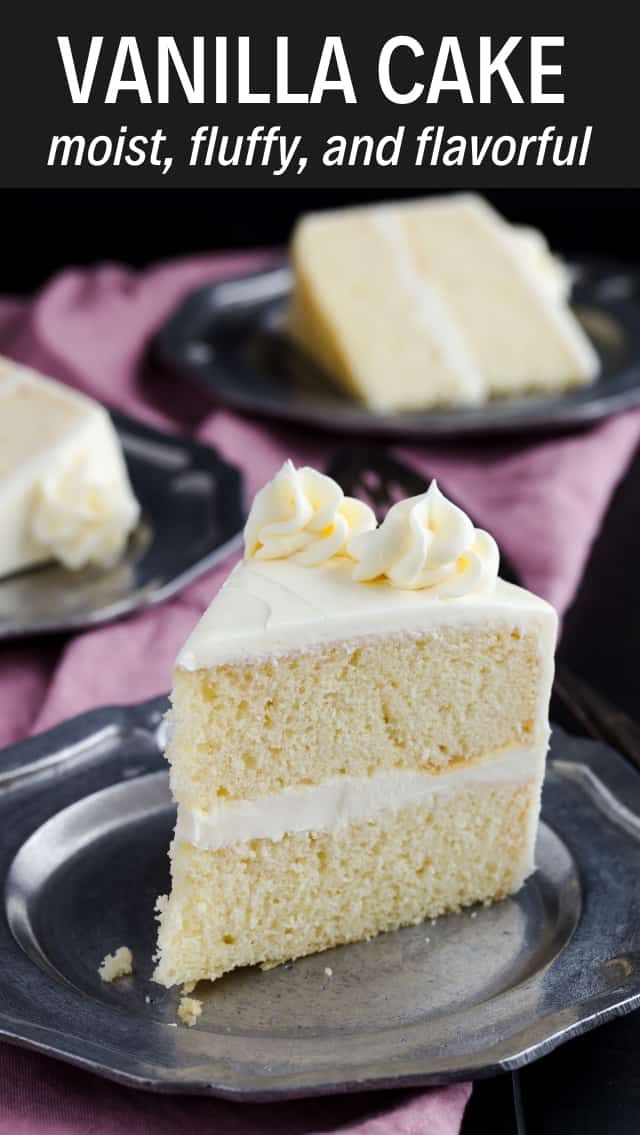 a close up of a slice of cake on a plate with the words basic vanilla cake