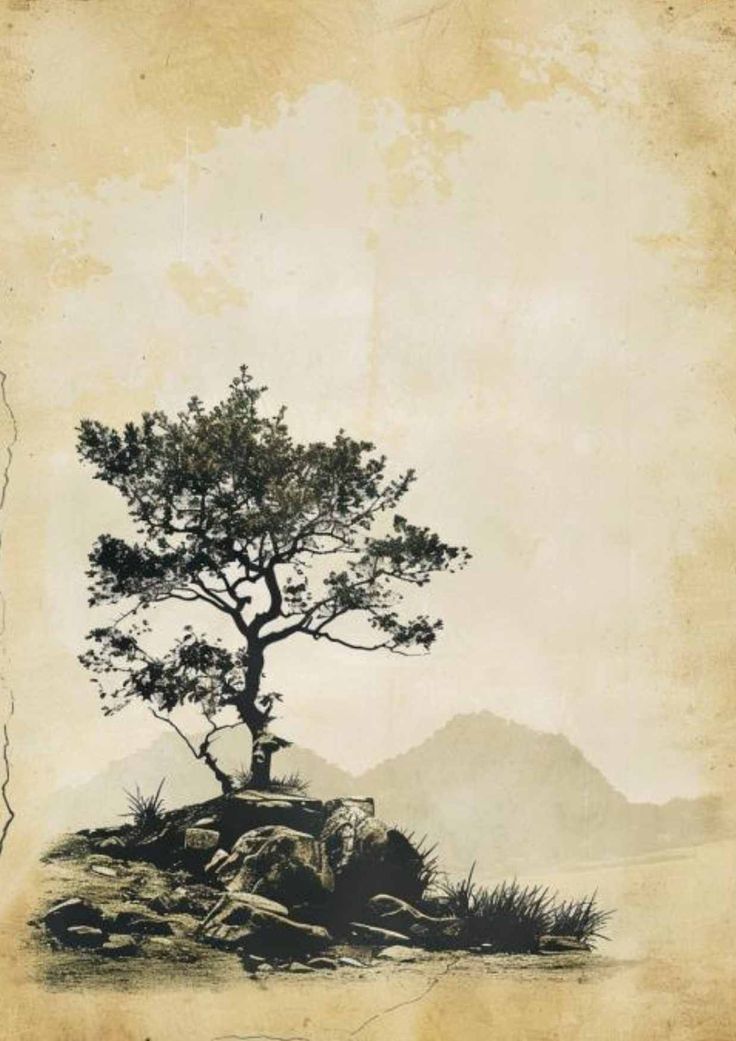 an old photo of a tree on top of a hill