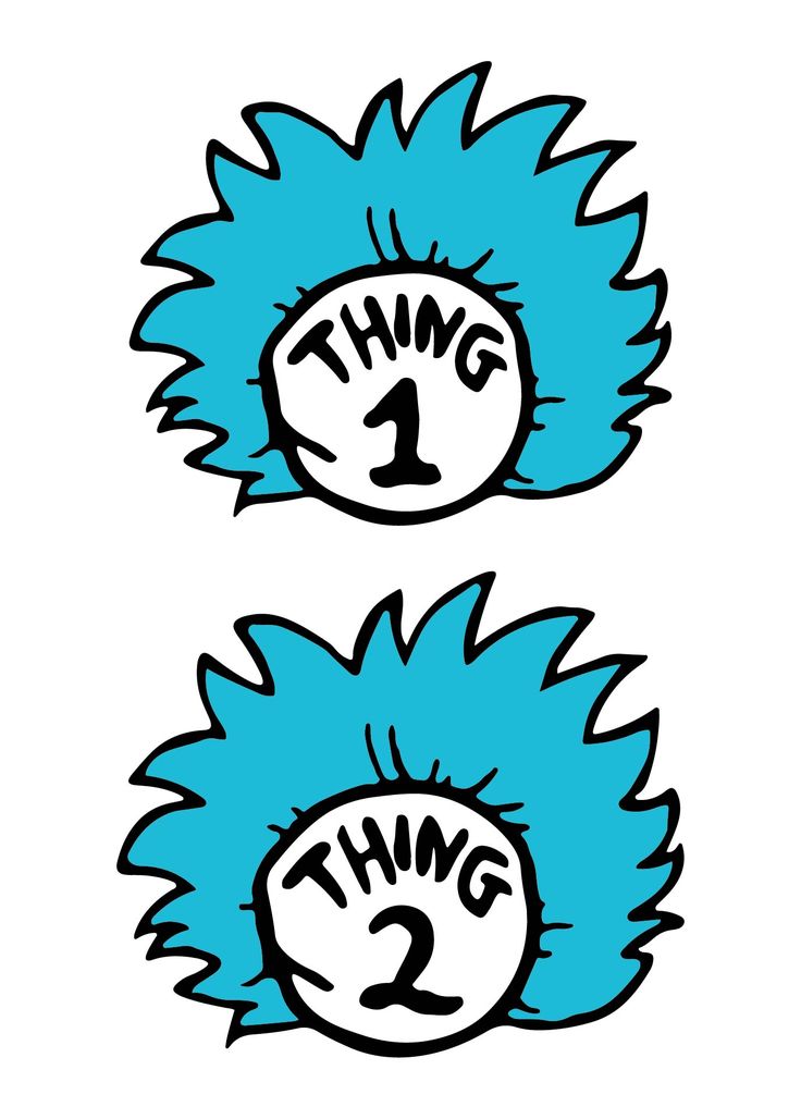 two blue hairballs with the words thing 1 and 2 written on them in black ink