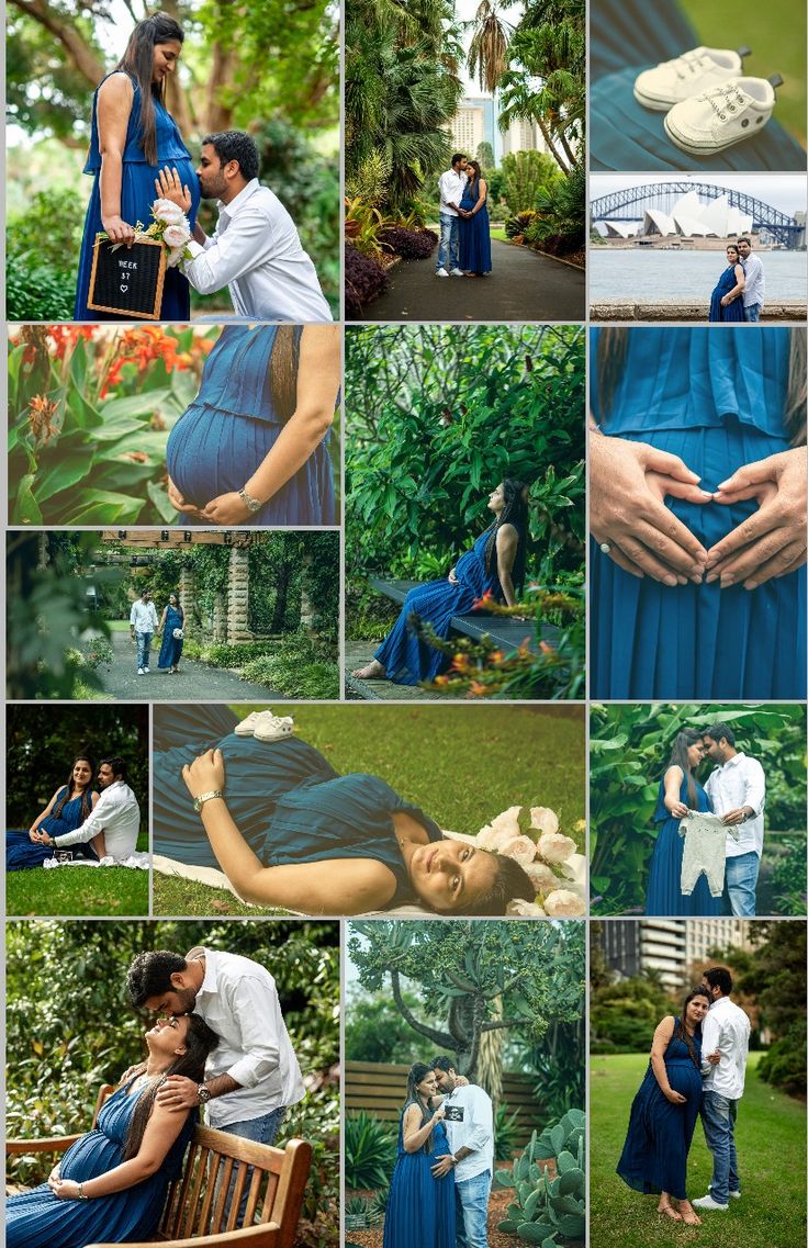 a collage of photos with people in blue dresses and one man holding his pregnant belly