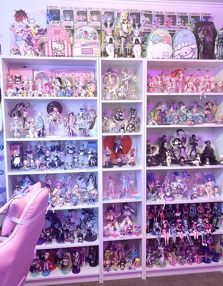 a room filled with lots of different types of toys and dolls on shelves next to each other