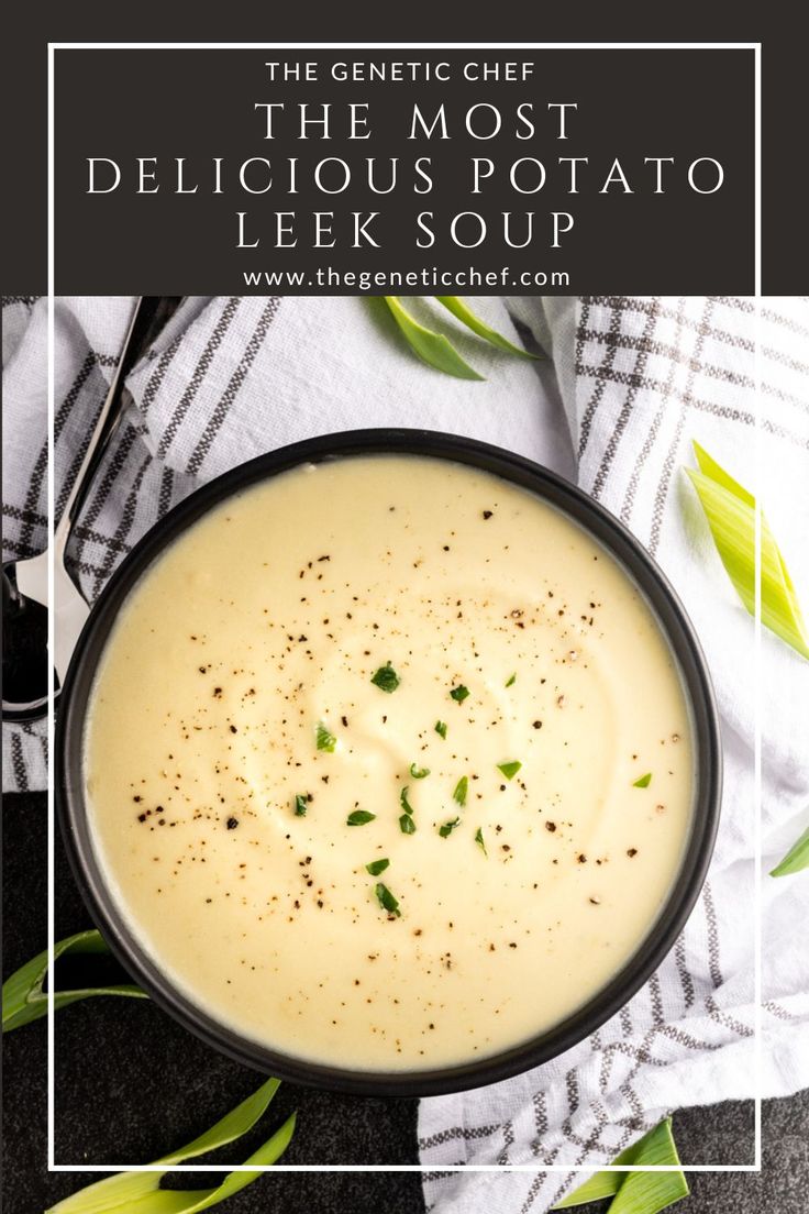 the most delicious potato leek soup is served in a black bowl and garnished with parsley