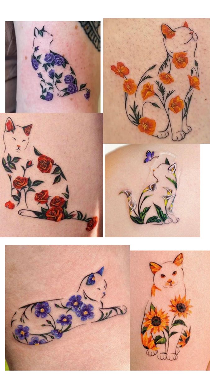 four different pictures of cats and flowers on the back of a woman's stomach