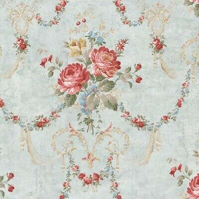 a blue and red floral wallpaper with roses on it