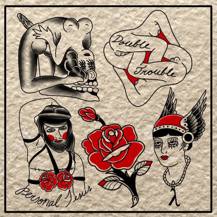 an old school tattoo sticker sheet with different tattoos on it, including roses and hearts