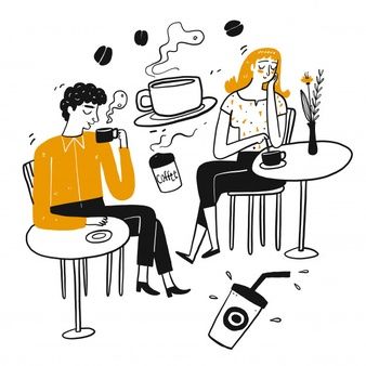 two people sitting at a table drinking coffee and talking to each other, one is holding a cup