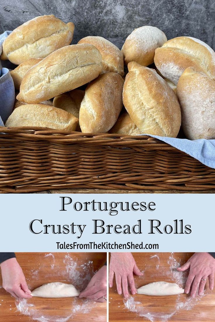 bread rolls in a wicker basket with flour sprinkled on top and the words portuguese crusty bread rolls below