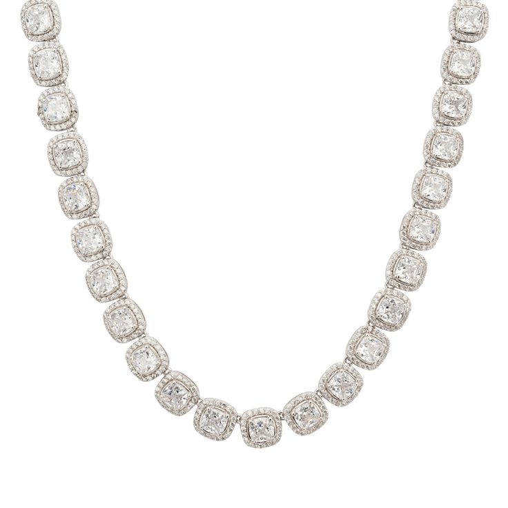 Indulge in timeless glamour with the Charleston Art Deco Tennis Necklace this breath-taking piece is designed to captivate and dazzle. The necklace features an endless row of radiant square-cut cubic zirconia, each set in its own meticulously crafted setting. These dazzling stones are surrounded by a halo of smaller zircons, creating a mesmerizing display of brilliance that spans the entire length and  width of this exquisite piece.  Perfect for adding a touch of sophistication to bridal ensembl Luxury Crystal Tennis Necklace With Diamond Accents, Luxury Diamond White Tennis Necklace With Pave Setting, Luxury Cubic Zirconia Tennis Necklace With Diamond Cut, Formal Cushion Cut Jewelry With Pave Setting, Elegant Asscher Cut Cubic Zirconia Diamond Necklace, Elegant Cubic Zirconia Asscher Cut Necklace, Square Cut Moissanite Jewelry In Diamond White, Luxury Cushion Cut Cubic Zirconia Jewelry, Luxury Cushion Cut Cubic Zirconia Necklace