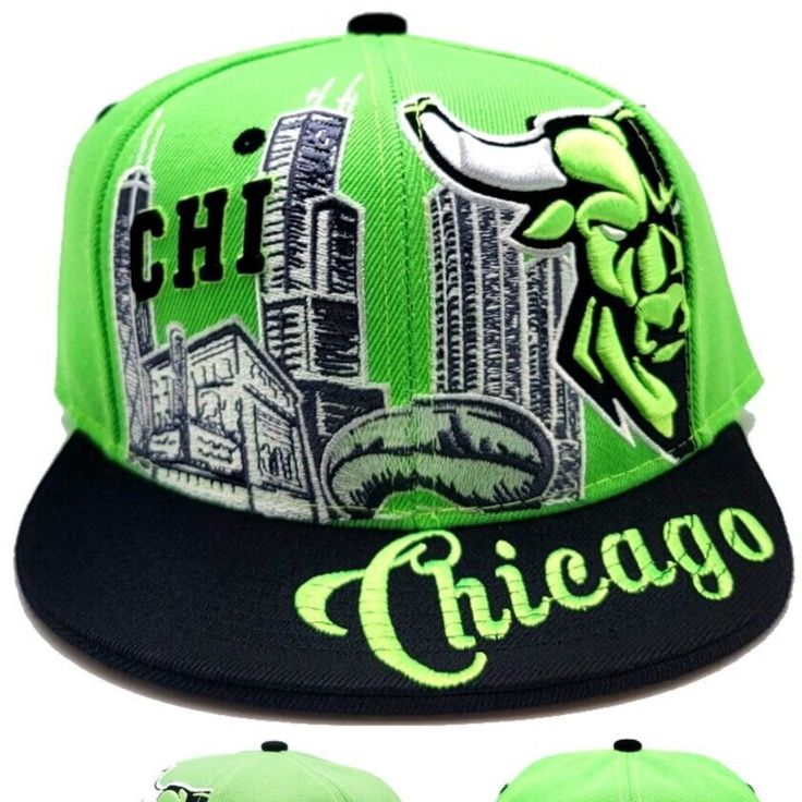 Brand New 100% Polyester Premium Chicago Downtown Snapback Hat In Alternate Hook Up Colors. Chicago Initials Along A Depiction Of A Chicago Skyline With An Angry Bull Head Off Center On A Lime Green Crown With Black Bill. Chicago Script On Bill. Bull Head Peaking On Back. One Size Fits Most. Chicago Snapback Hats Like These Usually Retail For $29 Plus Shipping, But You Can Take Advantage Of This One For Only $22 With Free Domestic Priority Mail Shipping!!! Hat Has Logos And Letters On Front And Green Adjustable Fitted Hat With Short Brim, Green Short Brim Hat For Streetwear, Green Adjustable Snapback Hat With Short Brim, Green Adjustable Snapback Hat, Green Fitted Hat With Short Brim, Trendy Green Flat Bill Hats, Green Snapback Hat With Short Brim, Adjustable Green Hat For Streetwear, Green Casual Fitted Hat With Short Brim