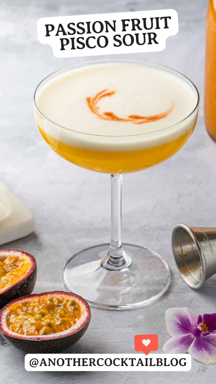 the passion fruit pisco sour cocktail is garnished with orange juice