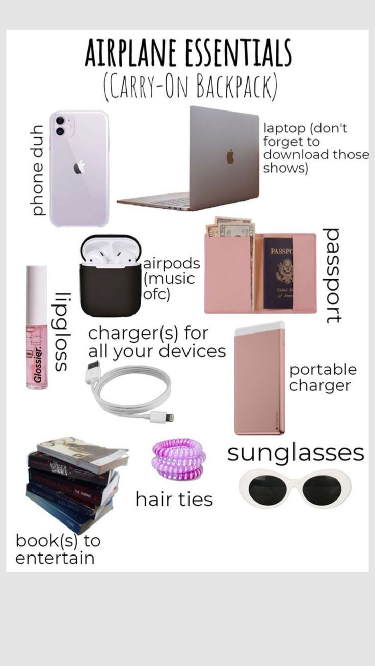 the contents of an airplane essentials carry - on bag are shown here