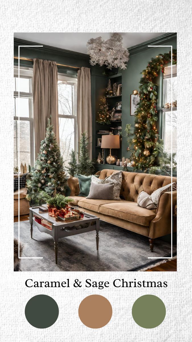 a living room decorated for christmas with green walls